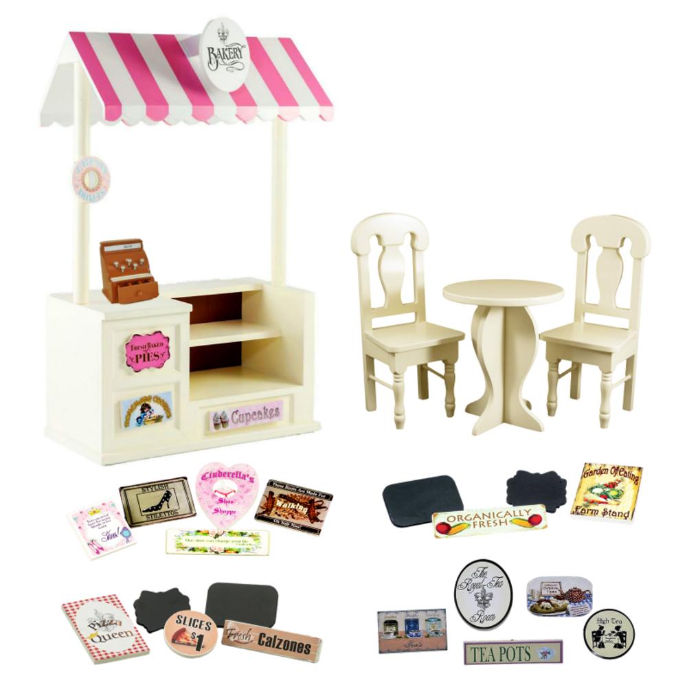 The Queen's Treasures 18" Doll Counter & Caf&#233; Set with Bakery, Shoe, Pizza, Tea Room and Farm Stands Interchangable Signs!