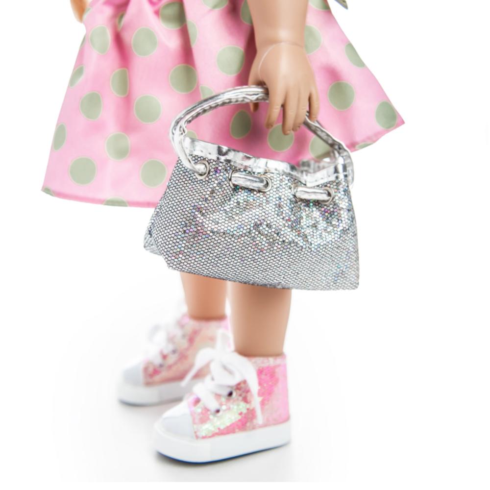 The Queen's Treasures 18" Doll Clothes Accessories, Silver Designer Shoulder Handbag Purse, Sherpa Style Boots, Pink Sandal, & Silver Lace Up Boots
