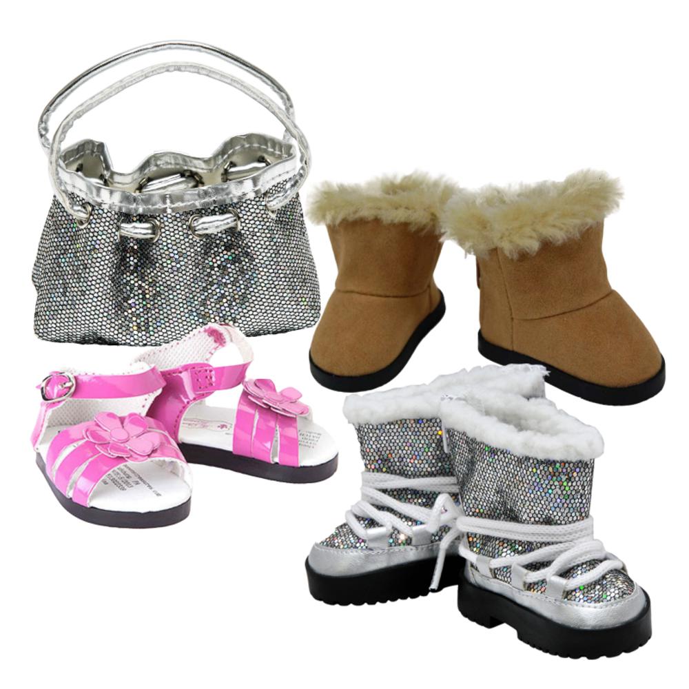 The Queen's Treasures 18" Doll Clothes Accessories, Silver Designer Shoulder Handbag Purse, Sherpa Style Boots, Pink Sandal, & Silver Lace Up Boots