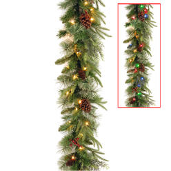 National Tree Company National Tree 9 Foot by 10 Inch Feel Real Colonial Garland with 15 Pine Cones, 15 Red Berries and 50 Dual Color Battery