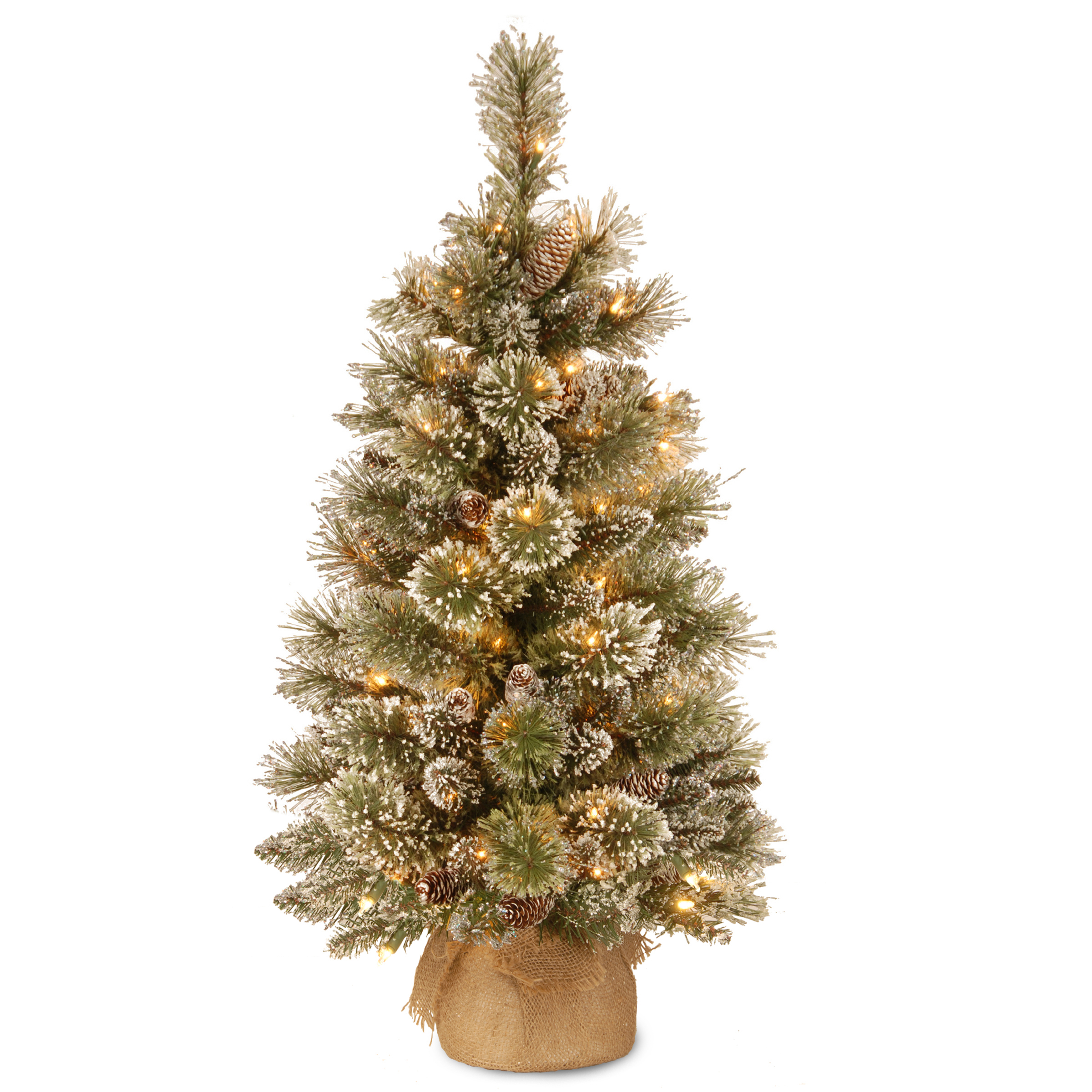 National Tree Co. 3' Glittery Bristle Pine Burlap Tree with 7 White Tipped Cones & 35 Warm White Battery Operated LED Lights w/Timer