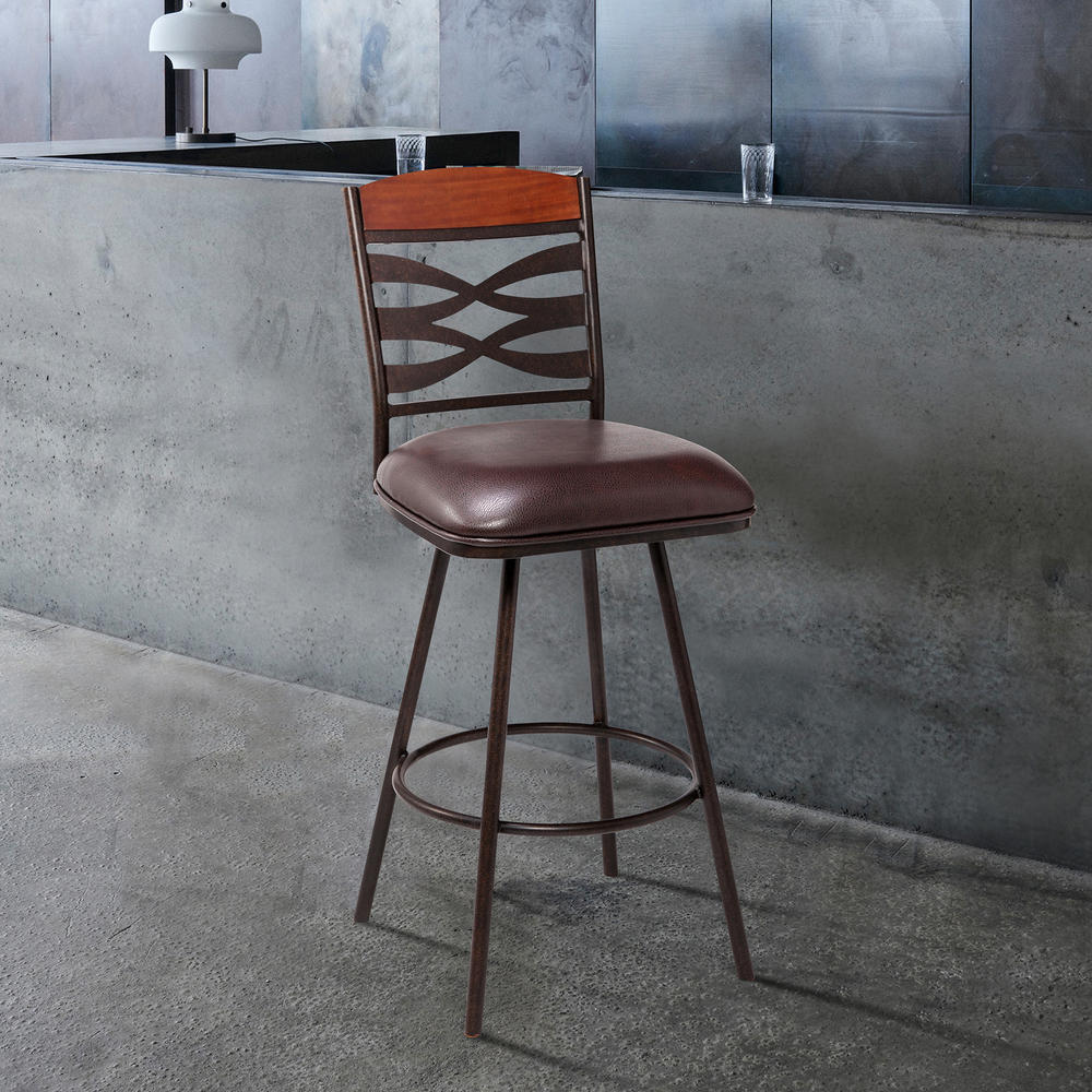 Armen Living Arden Contemporary 26" Counter Height Barstool in Auburn Bay Finish with Brown Faux Leather and Sedona Wood Finish Back