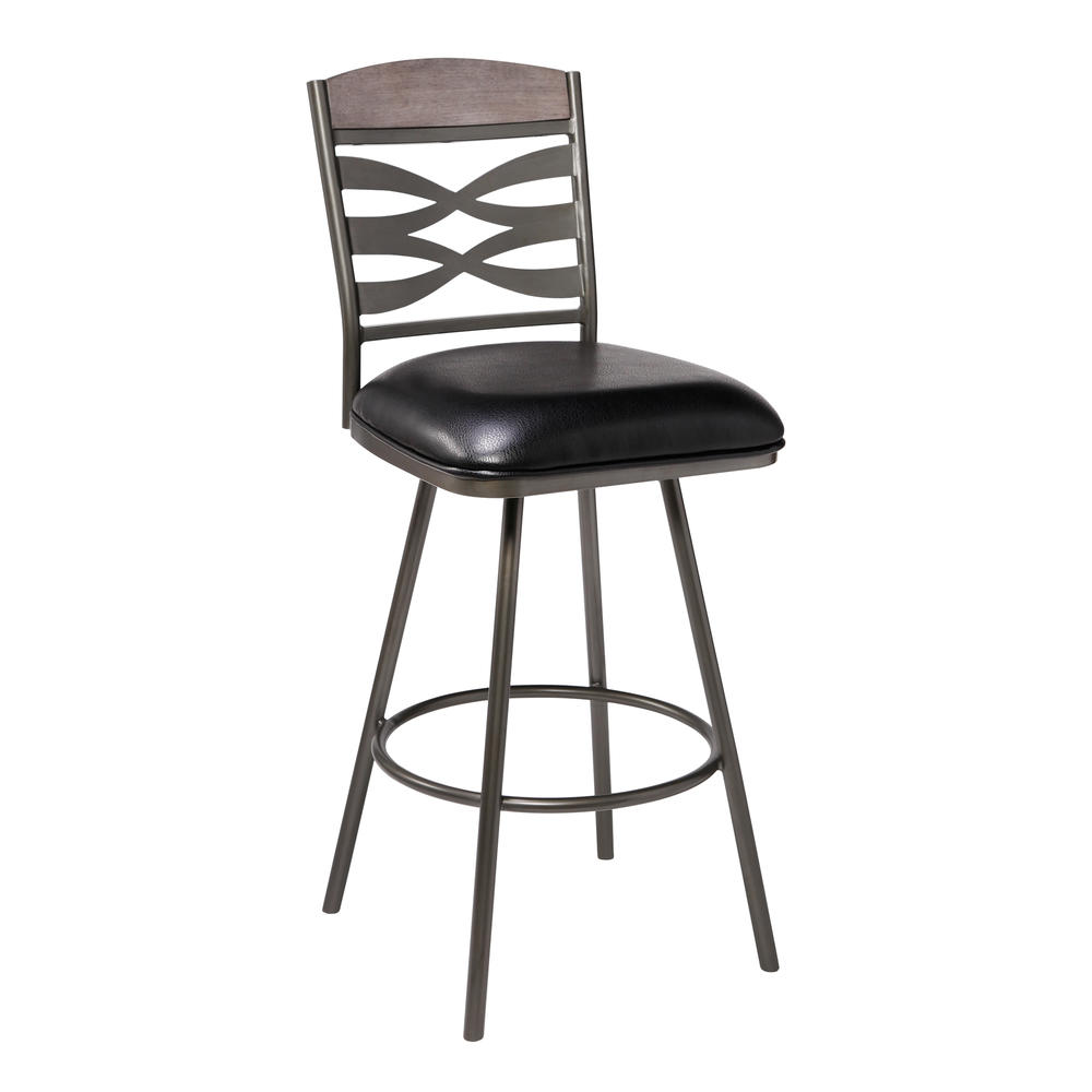 Armen Living Arden Mid-Century 30" Bar Height Barstool in Mineral Finish with Black Faux Leather and Grey Walnut Wood Finish Back