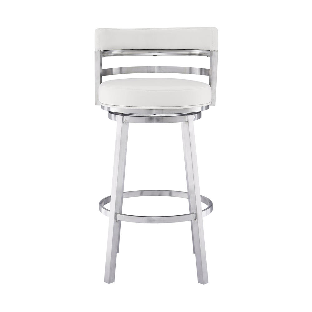 Armen Living Madrid Contemporary 30" Bar Height Barstool in Brushed Stainless Steel Finish and White Faux Leather
