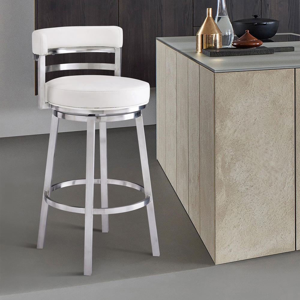 Armen Living Madrid Contemporary 30" Bar Height Barstool in Brushed Stainless Steel Finish and White Faux Leather