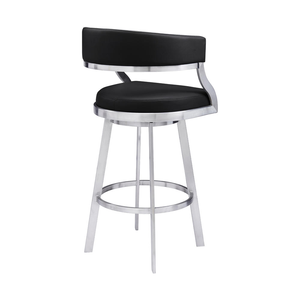 Armen Living Saturn Contemporary 26" Counter Height Barstool in Brushed Stainless Steel Finish and Black Faux Leather
