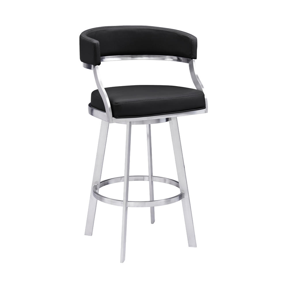 Armen Living Saturn Contemporary 26" Counter Height Barstool in Brushed Stainless Steel Finish and Black Faux Leather