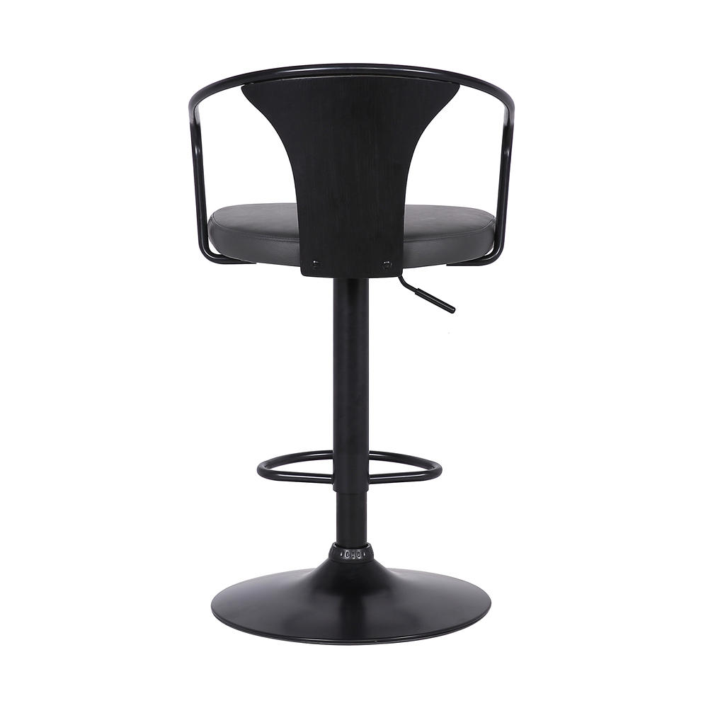 Armen Living Eagle Contemporary Adjustable Barstool in Black Powder Coated Finish with Grey Faux Leather and Black Brushed Wood Finish Back