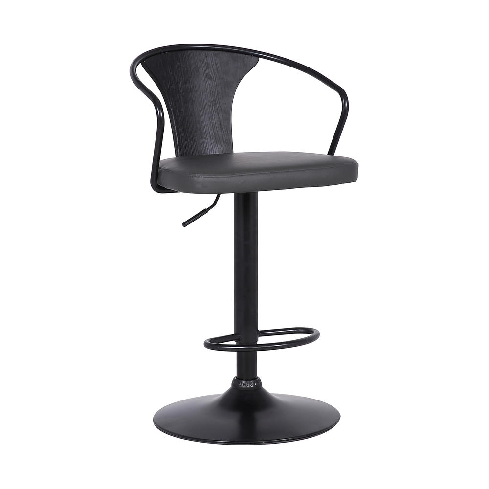 Armen Living Eagle Contemporary Adjustable Barstool in Black Powder Coated Finish with Grey Faux Leather and Black Brushed Wood Finish Back