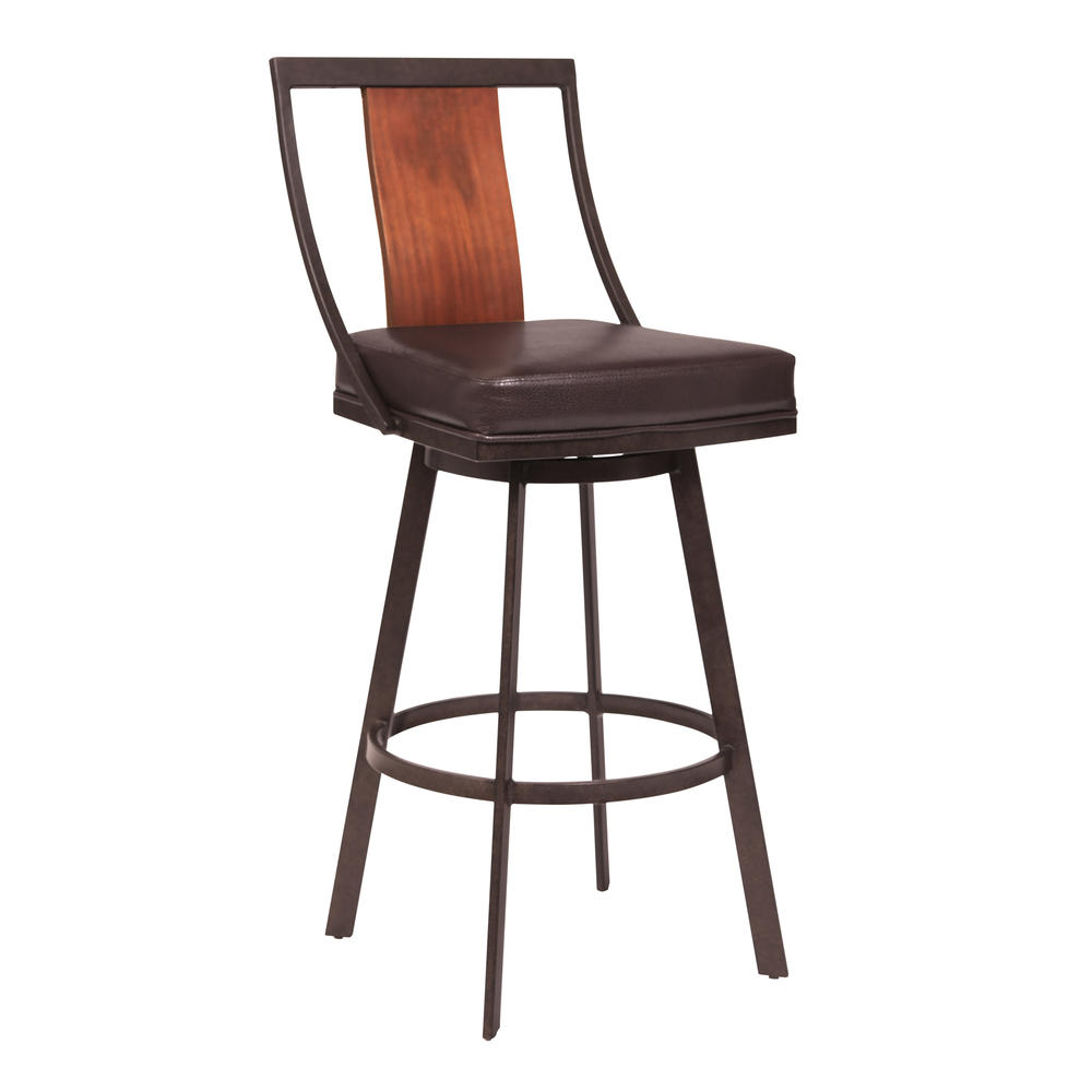 Armen Living Easton 30" Bar Height Barstool in Auburn Bay with Brown Faux Leather and Sedona Wood