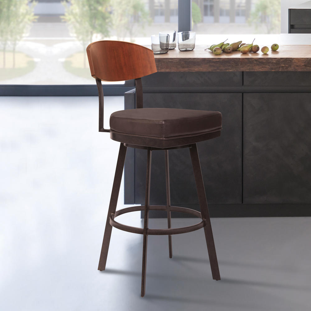 Armen Living Frisco 30" Bar Height Barstool in Auburn Bay with Brown Faux Leather and Sedona Wood
