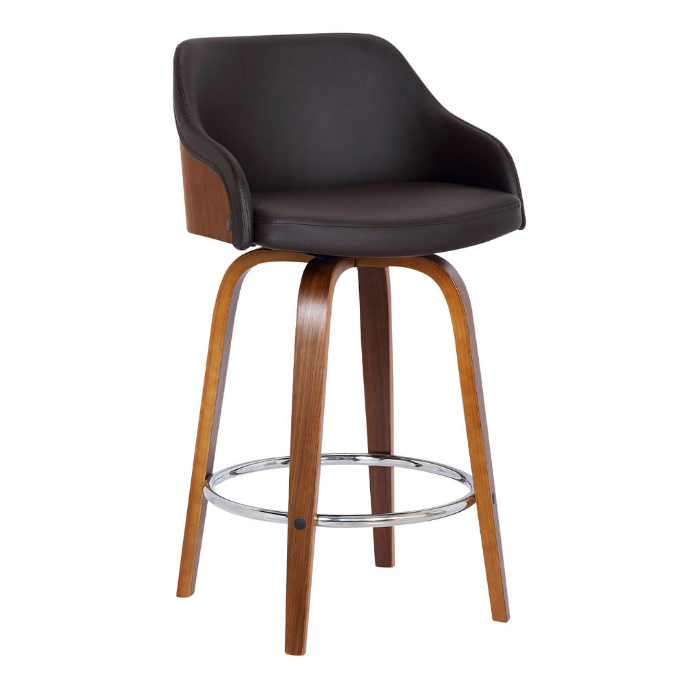 Armen Living Alec Contemporary 30"&#160;Bar Height&#160;Swivel Barstool in Walnut Wood Finish and Brown Faux Leather
