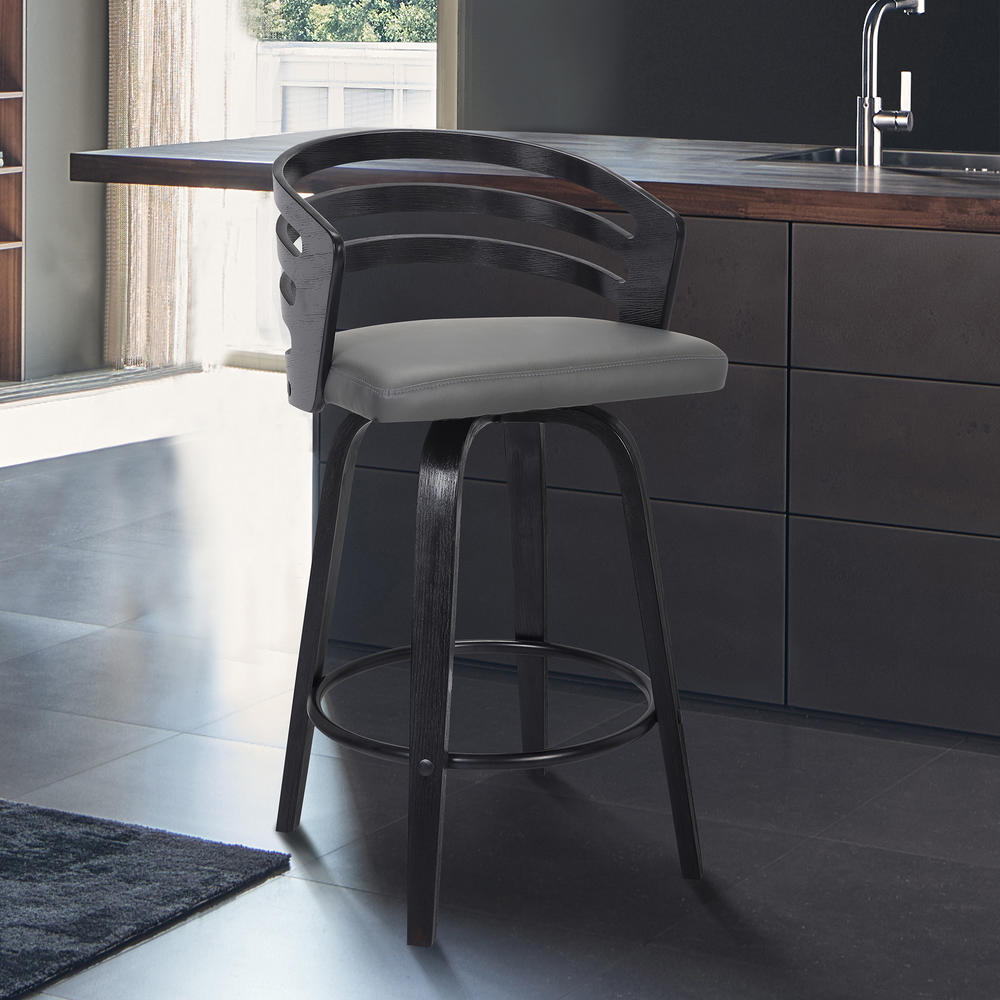 Armen Living Jayden Contemporary 26" Counter Height&#160;Swivel Barstool in Black Brush Wood Finish&#160;and Grey Faux Leather
