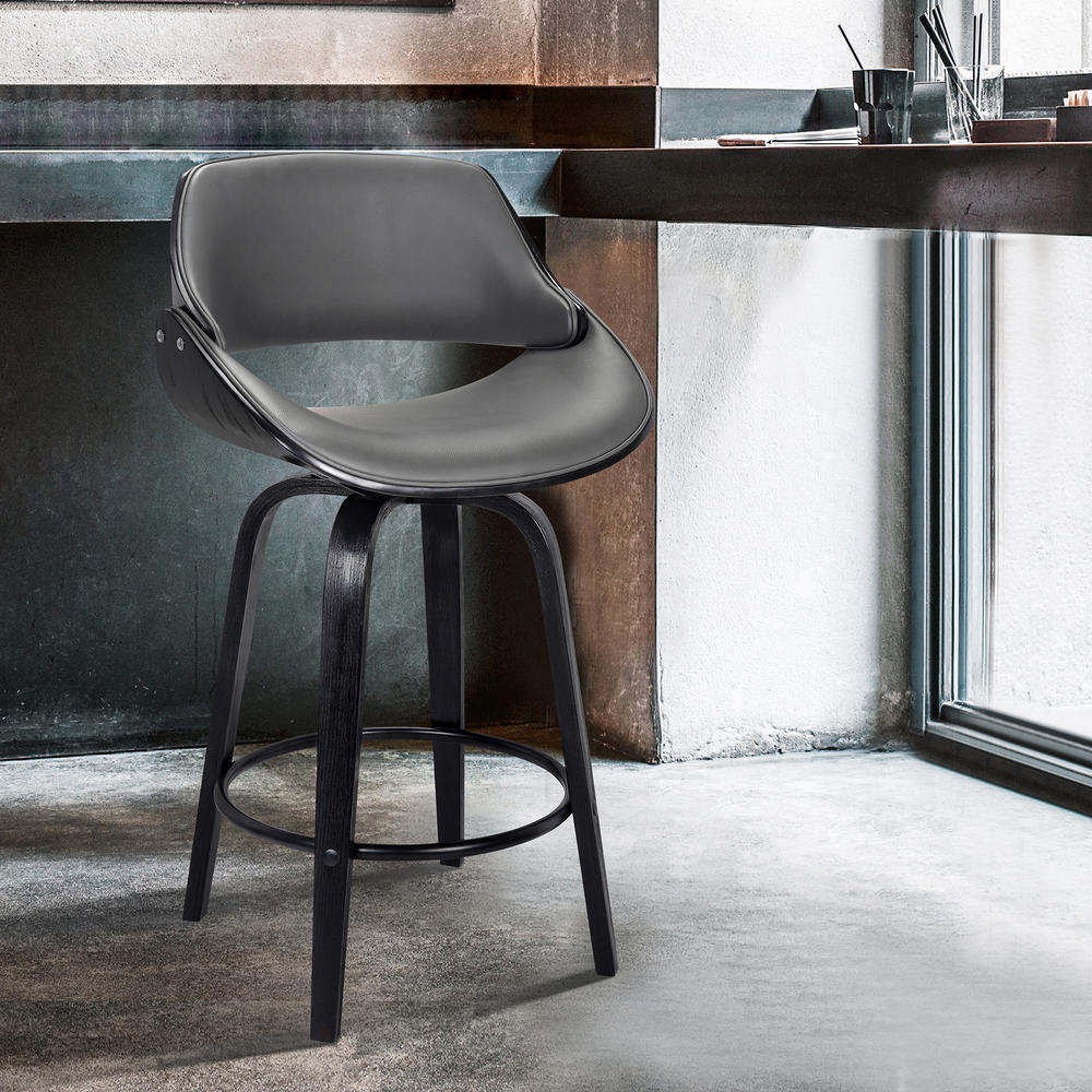 Armen Living Mona Contemporary 26" Counter Height&#160;Swivel Barstool in Black Brush Wood Finish and Grey Faux Leather