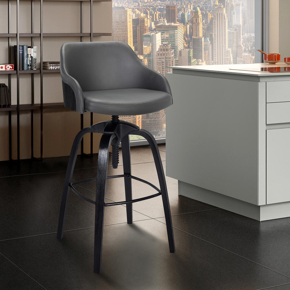 Armen Living Tara Contemporary Adjustable Barstool in Black Brushed Wood Finish and Grey Faux Leather