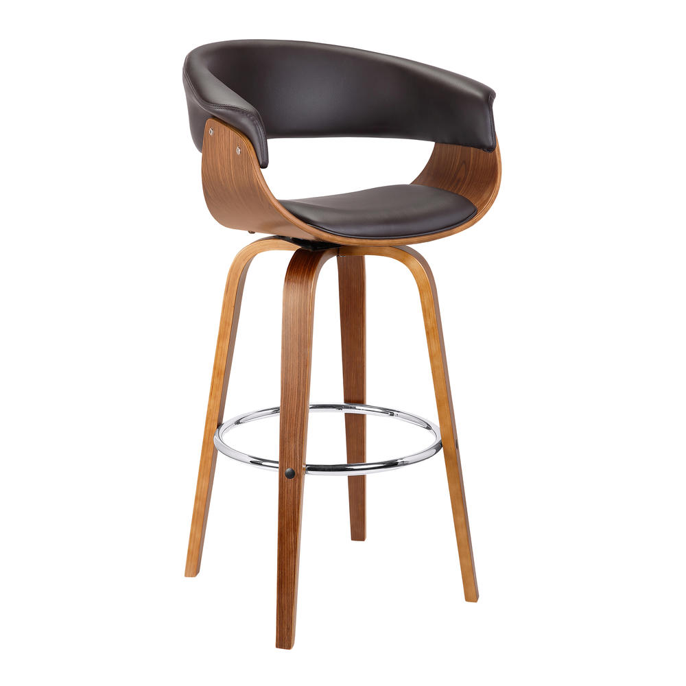 Armen Living Julyssa 30" Mid-Century Swivel Bar Height Barstool in Brown Faux Leather with Walnut Wood
