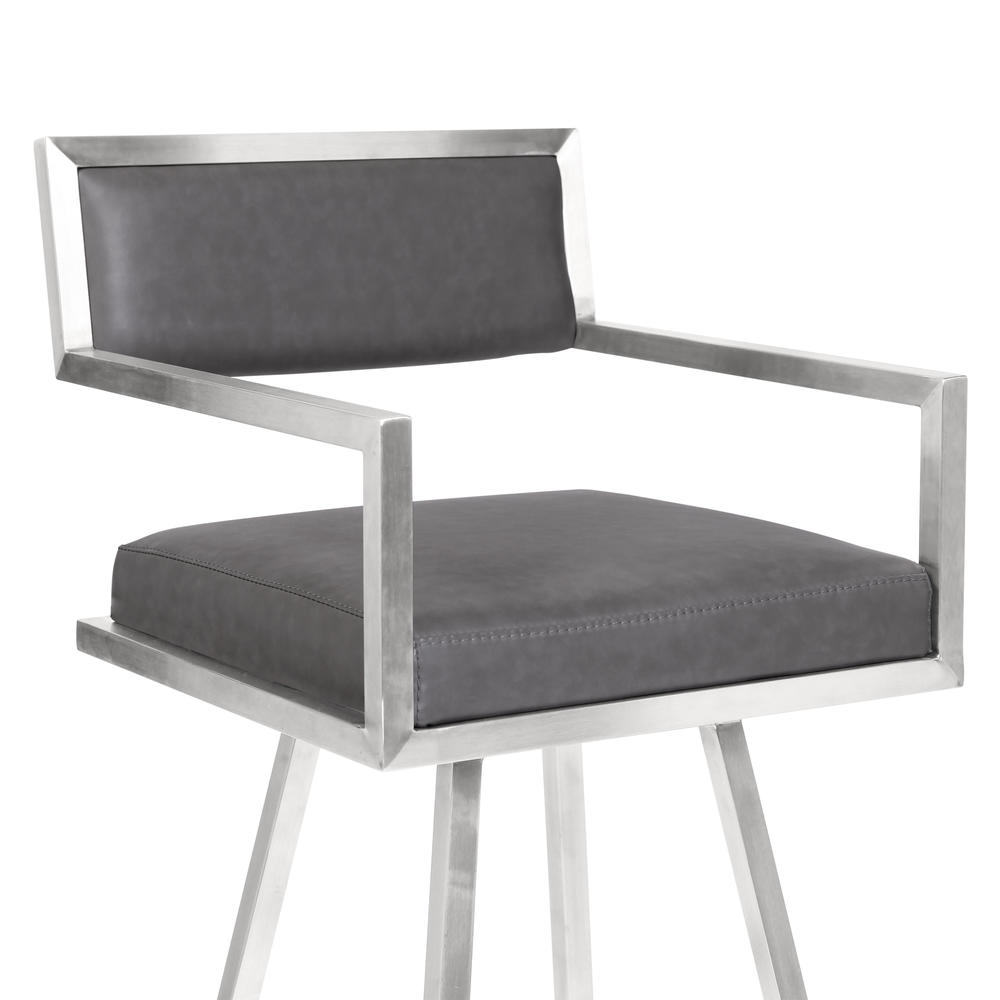 Armen Living Dylan 30" Bar Height Barstool in Brushed Stainless Steel and Vintage Grey Faux Leather