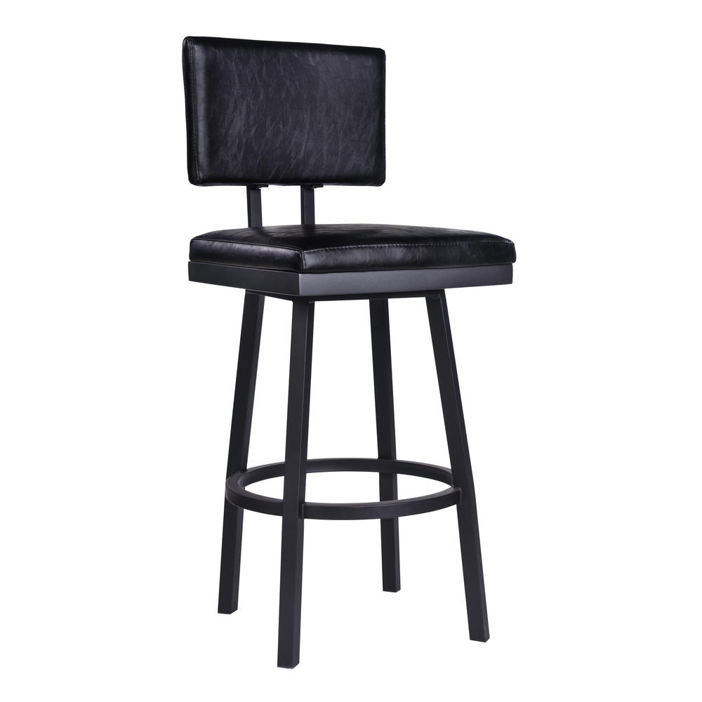 Armen Living Balboa 30" Bar Height Barstool in Black Powder Coated Finish and Vintage Black Faux Leather