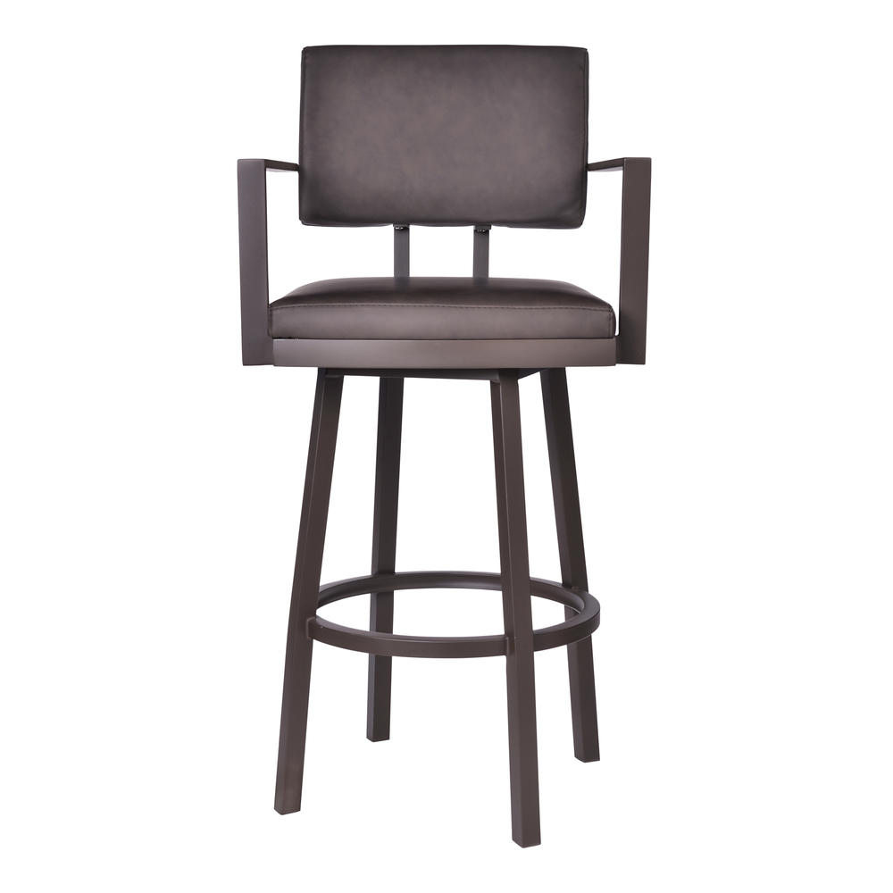 Armen Living Balboa 26&#8221; Counter Height Barstool with Arms in Brown Powder Coated Finish and Vintage Brown Faux Leather