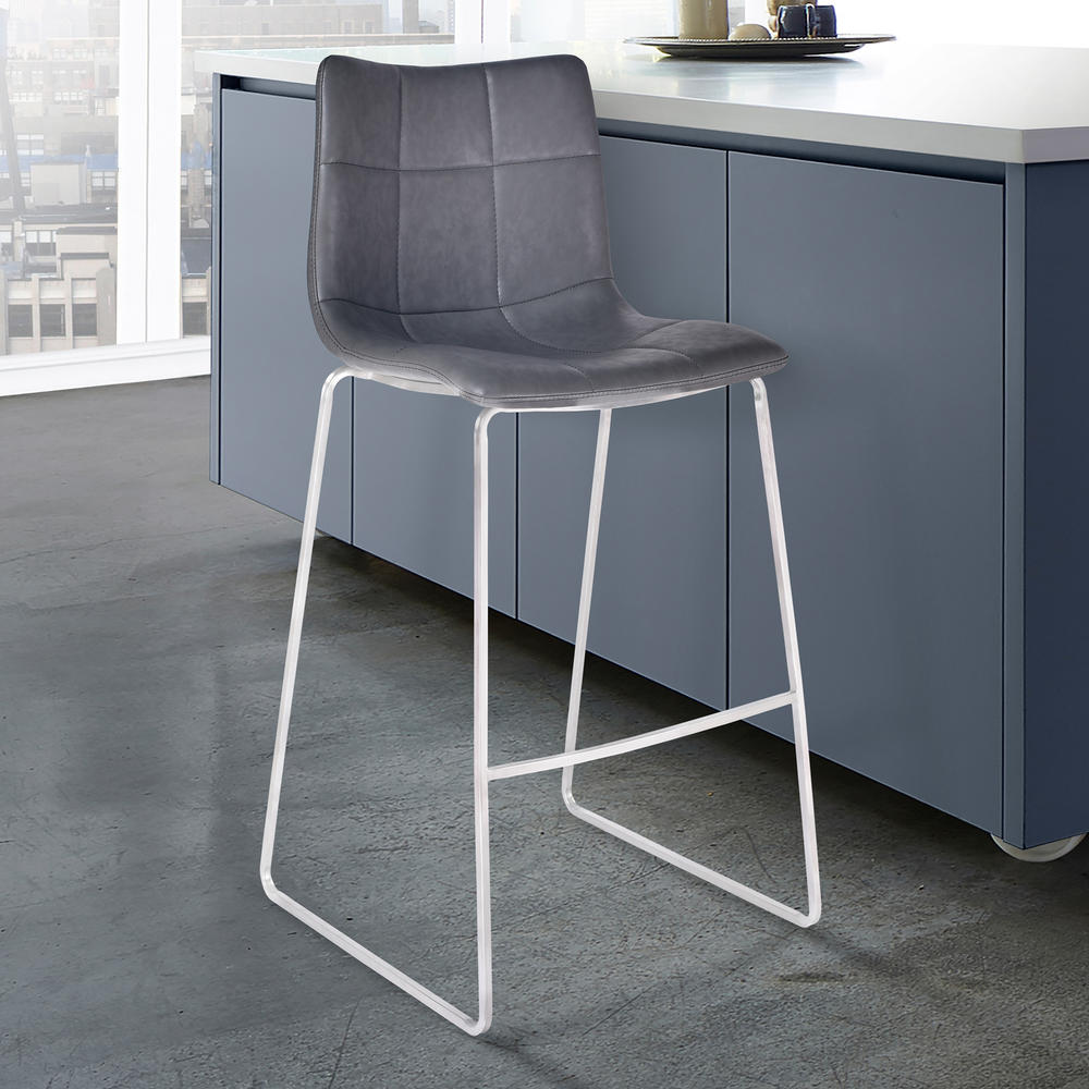 Armen Living Hamilton 30" Bar Height Barstool in Brushed Stainless Steel with Vintage Grey Faux Leather