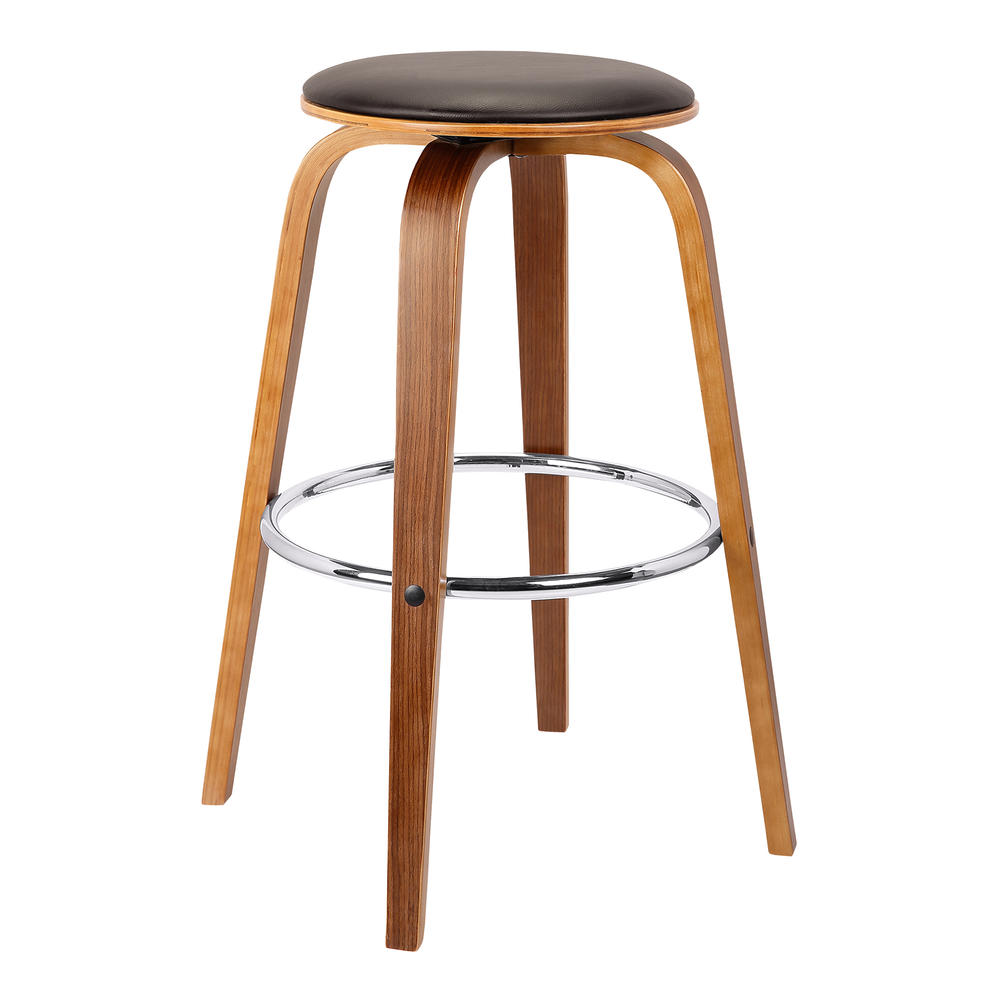 Armen Living Harbor 26" Mid-Century Swivel Counter Height Backless Barstool in Brown Faux Leather with Walnut Veneer