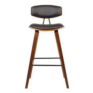 Armen Living Fox 26 Mid Century Counter Height Barstool In Brown Faux Leather With Walnut Wood