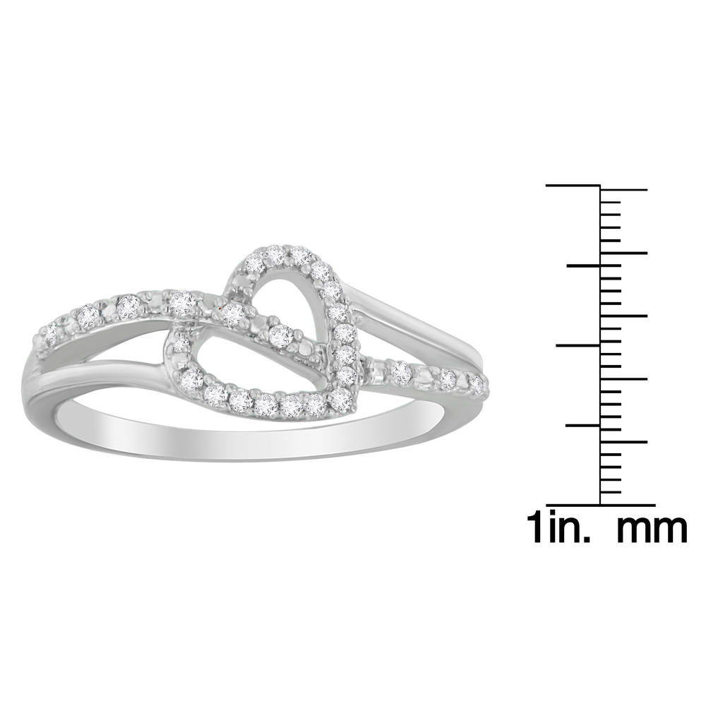 Sterling Silver 1/8ct TDW Round Cut Diamond Heart and Ribbon Accent Ring (I-J, I2-I3)