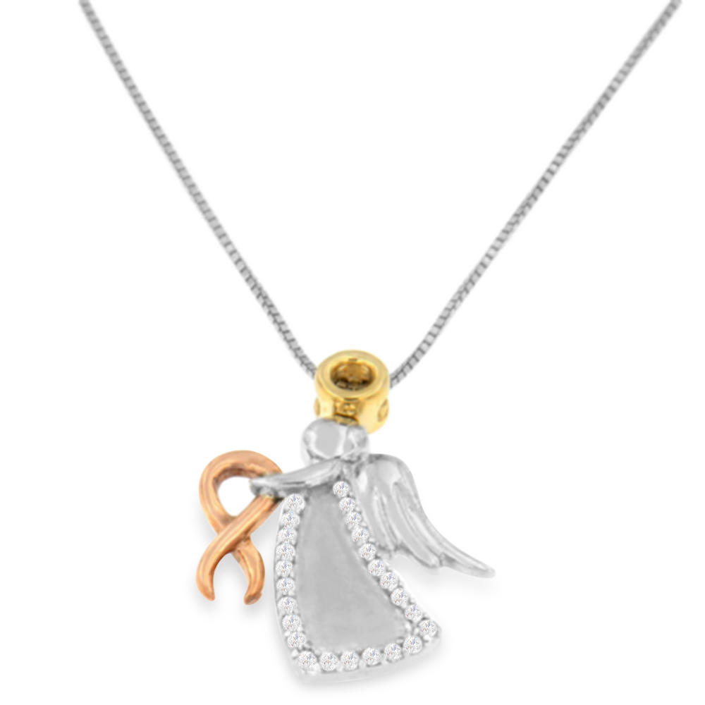 10k Tri-Colored Gold 1/6ct CTTW Diamond Angel Holding Diamond Ribbon Pendant Necklace(H-I, I1-I2)