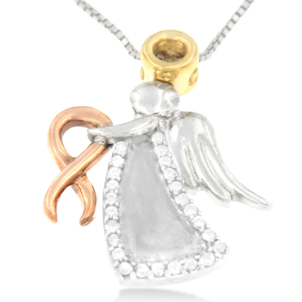 10k Tri-Colored Gold 1/6ct CTTW Diamond Angel Holding Diamond Ribbon Pendant Necklace(H-I, I1-I2)