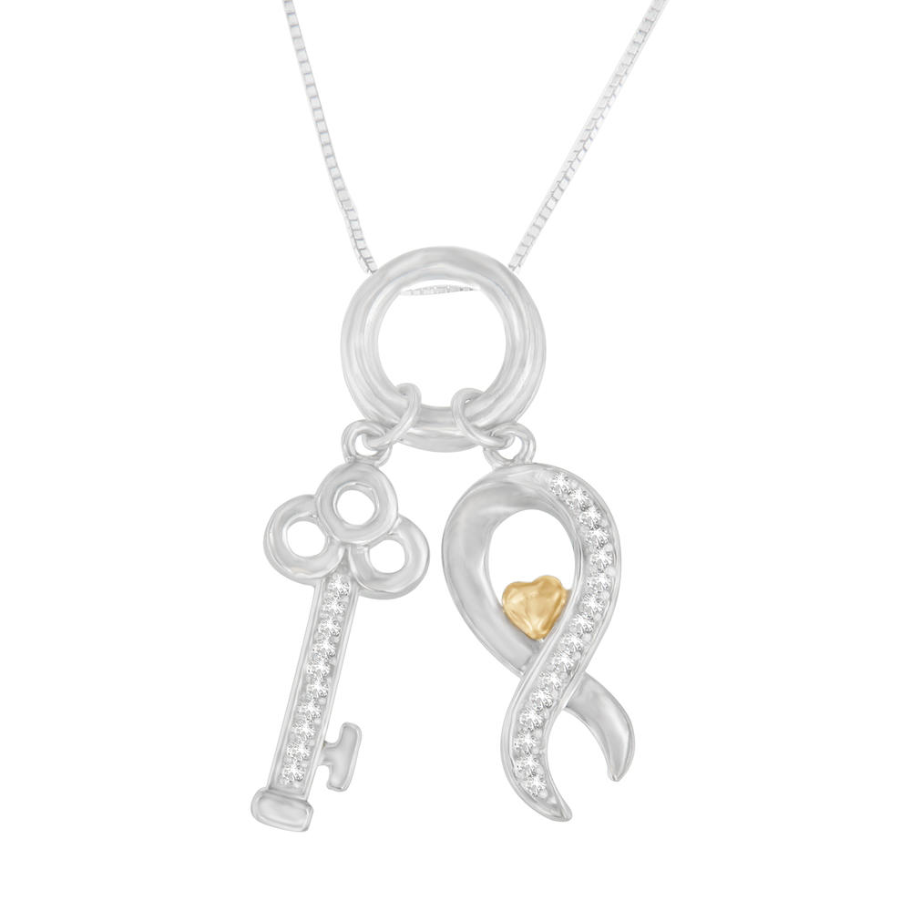 Sterling Silver 0.15 CTTW Round Cut Diamond Ribbon and Key Accent Charm Pendant Necklace (H-I, I1-I2)