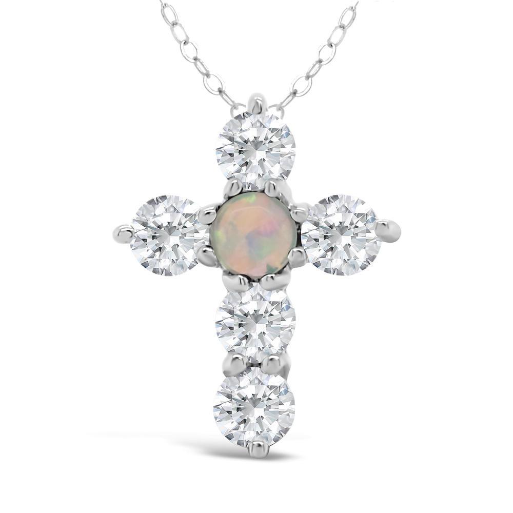 New York City Diamond District Sterling Silver 3mm Round Created Opal and Genuine White Topaz Cross Pendant with 18-inch Chain