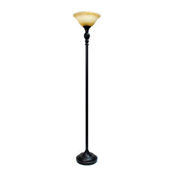 Elegant Designs LF2001-RBZ 1 Light Restoration Bronze Torchiere Floor Lamp with Marbelized Amber Glass Shade