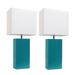 Elegant Designs 2 Pack Modern Leather Table Lamps with White Fabric Shades, Teal