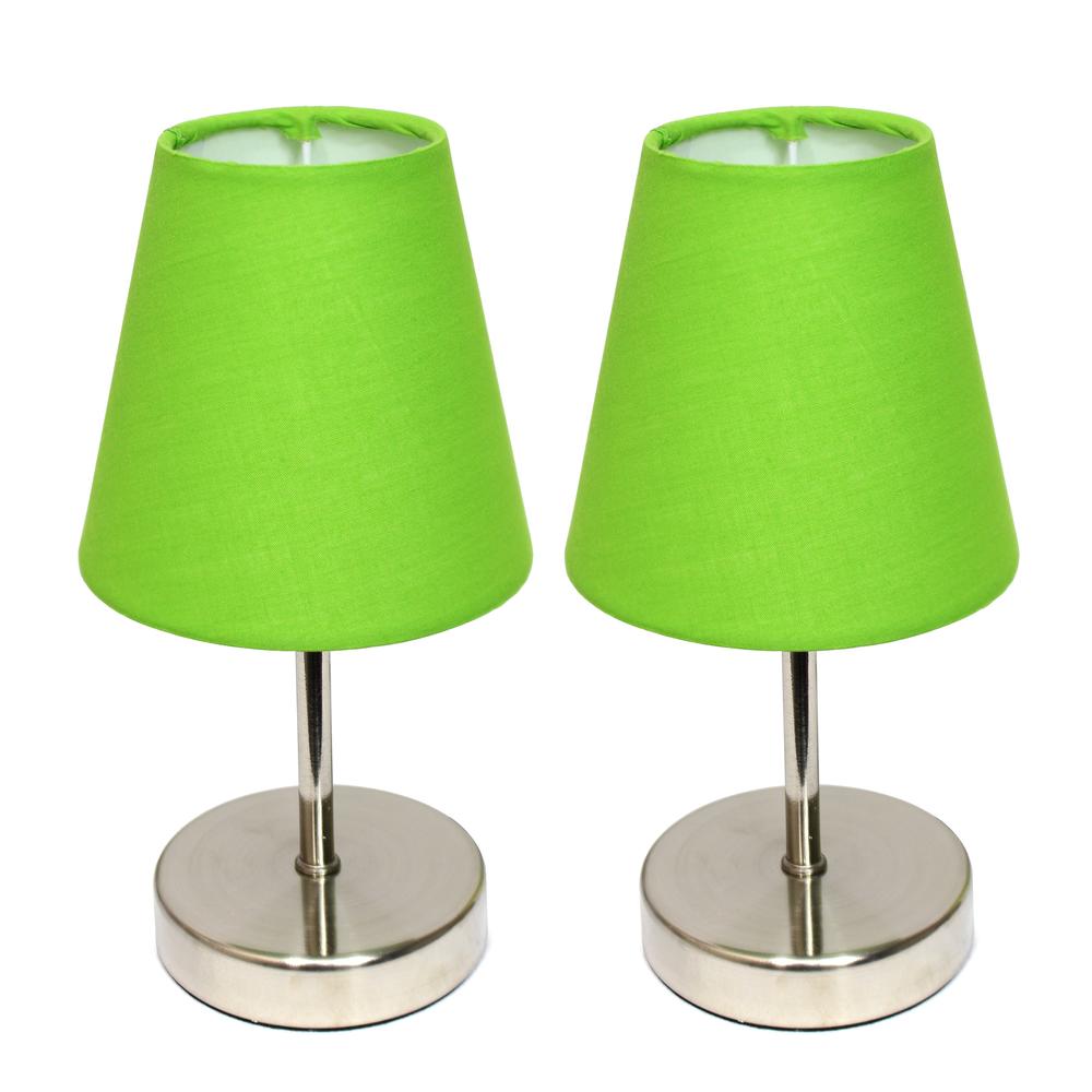 Simple Designs Sand Nickel Mini Basic Table Lamp with Green Fabric Shade 2 Pack Set