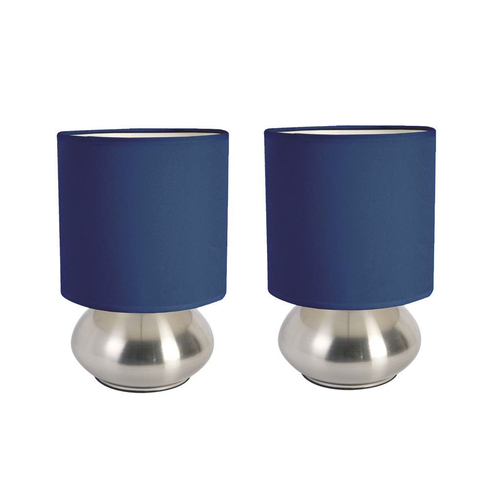 Simple Designs 2 Pack Mini Touch Lamp with Shiny Silver Metal base and Blue Shade
