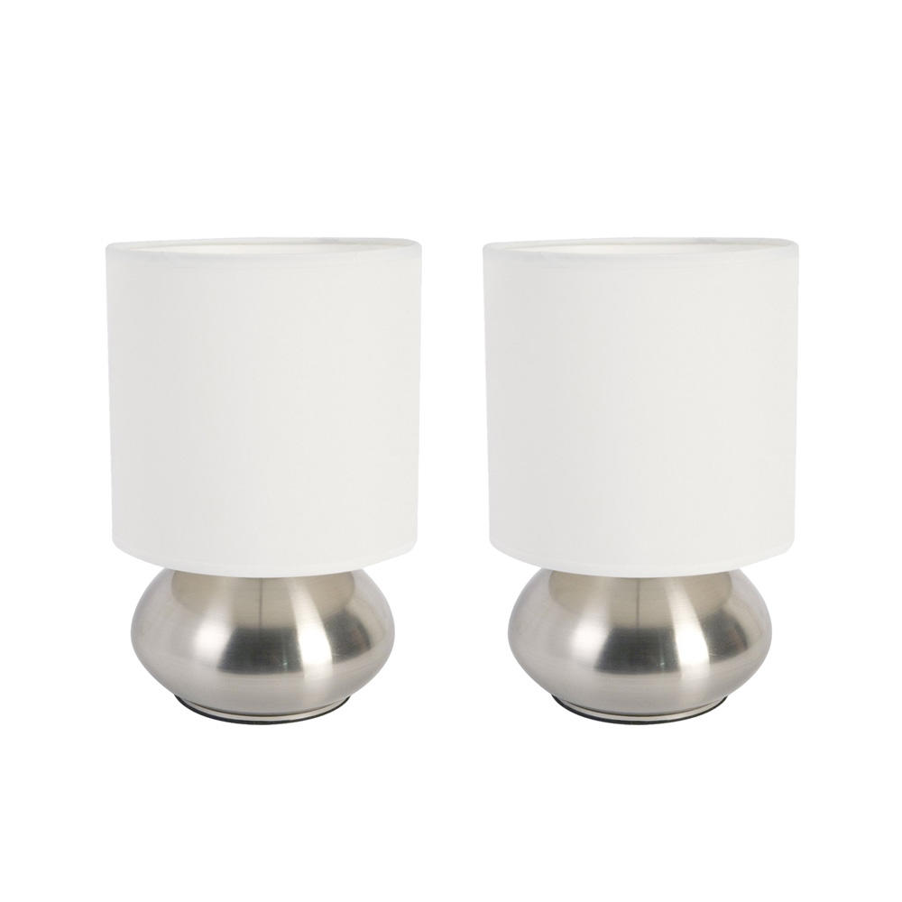 Simple Designs Gemini 2 Pack Mini Touch Lamps with Brushed Nickel Metal bases and Ivory Shades