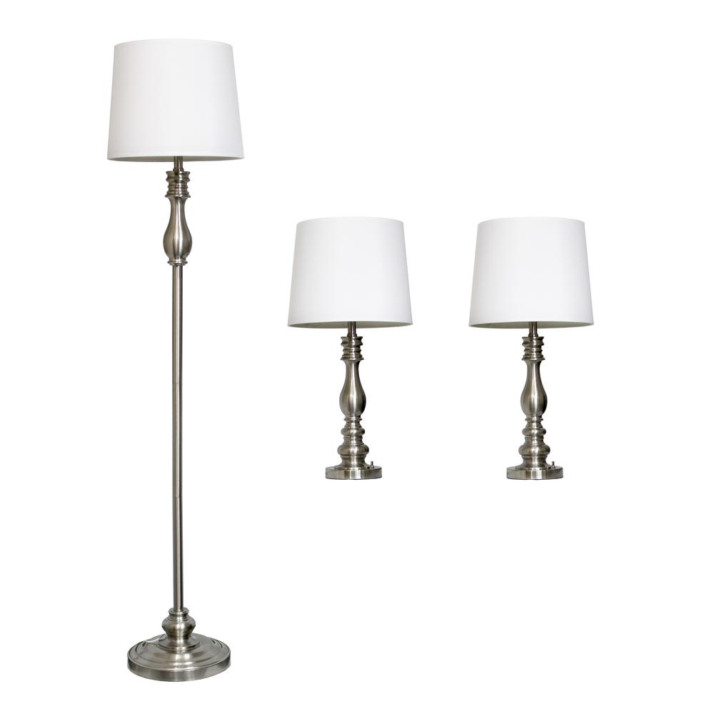 Elegant Designs Brushed Steel Three Pack Lamp Set (2 Table Lamps, 1 Floor Lamp)