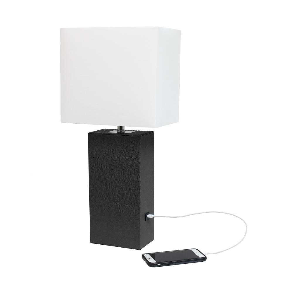 Elegant Designs  Modern Leather Table Lamp with USB and White Fabric Shade