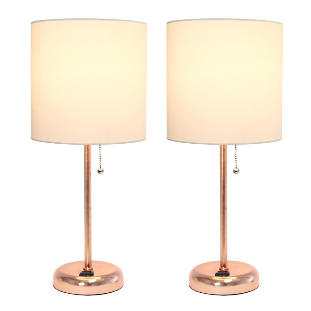 Limelights  Rose Gold Stick Lamp with Charging Outlet and Fabric Shade 2 Pack Set