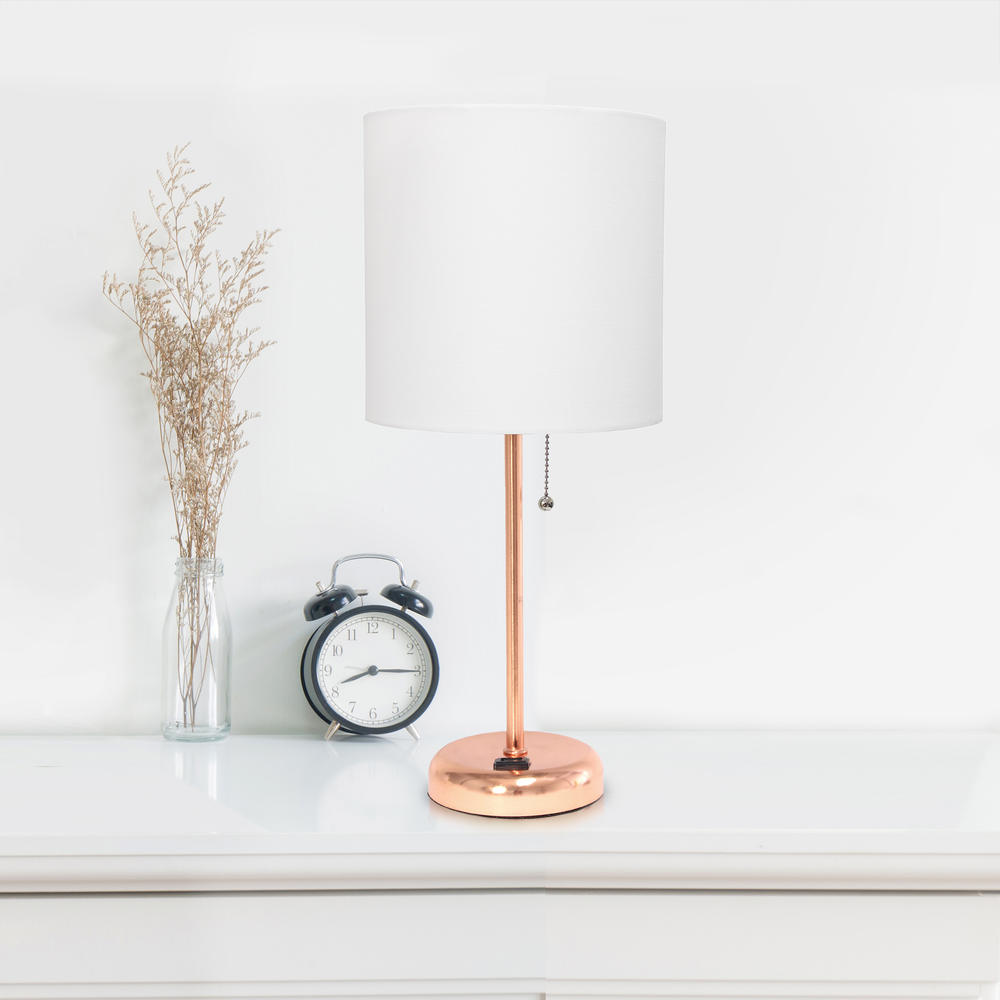 Limelights  Rose Gold Stick Lamp with Charging Outlet and Fabric Shade