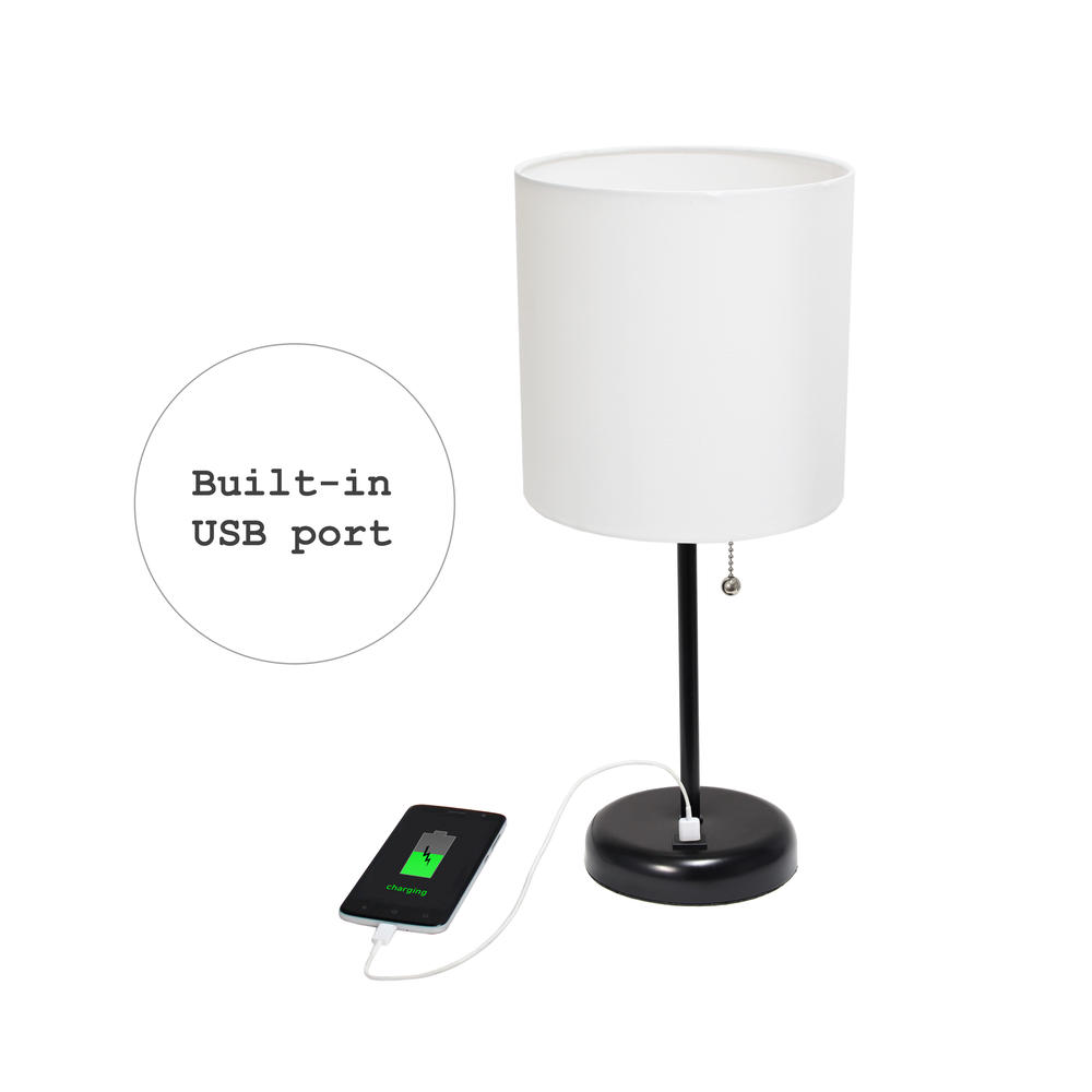 Limelights  Black Stick Lamp with USB charging port and Fabric Shade