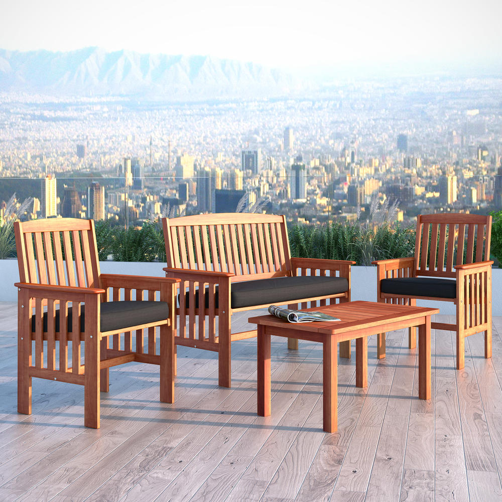 CorLiving Miramar 4pc Cinnamon Brown Hardwood Outdoor Chair and Coffee Table Set