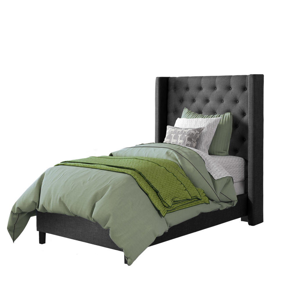CorLiving  Dark Grey Tufted Fabric Bed with Wings, Twin/Single