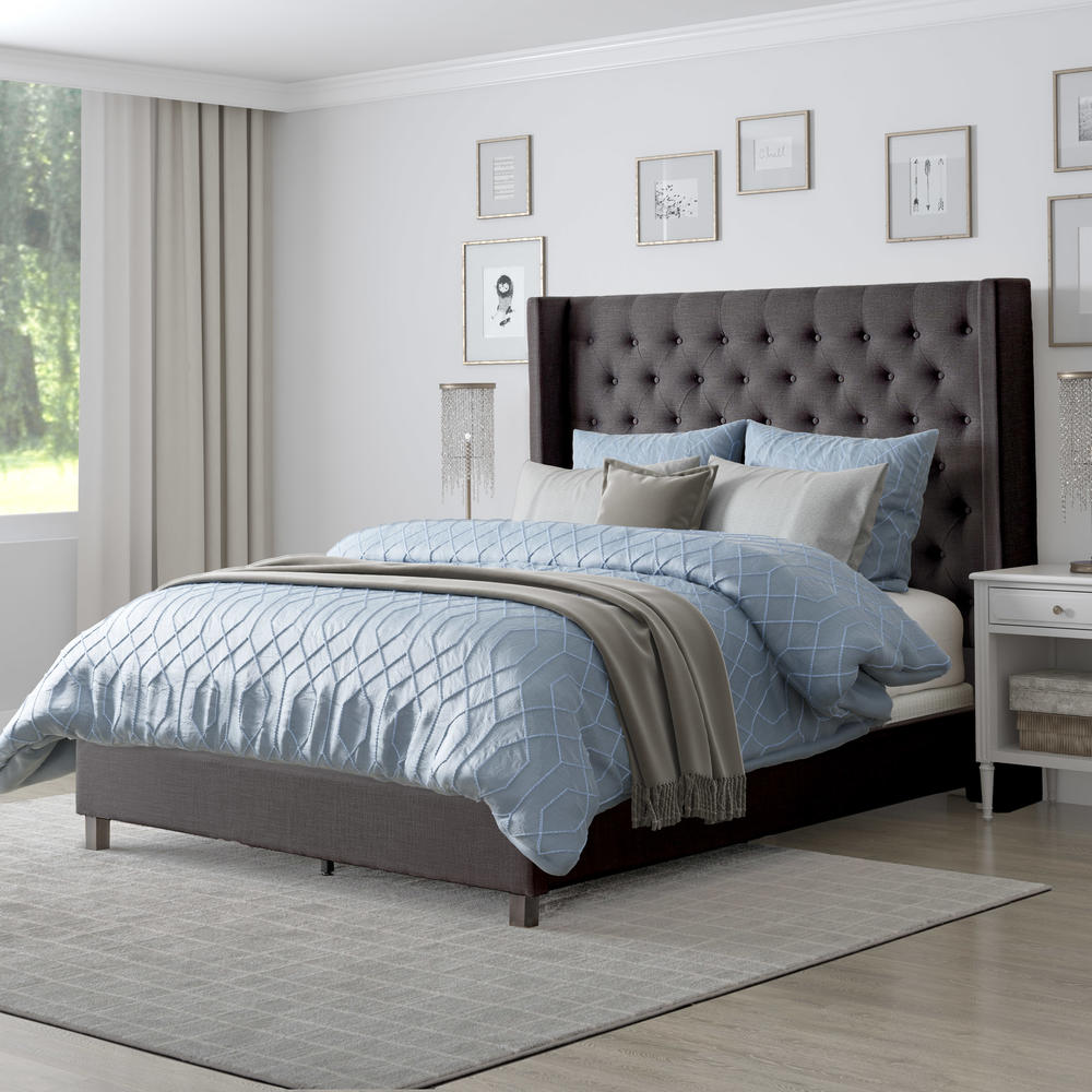 CorLiving  Dark Grey Fabric Tufted Bed with Wings, Queen