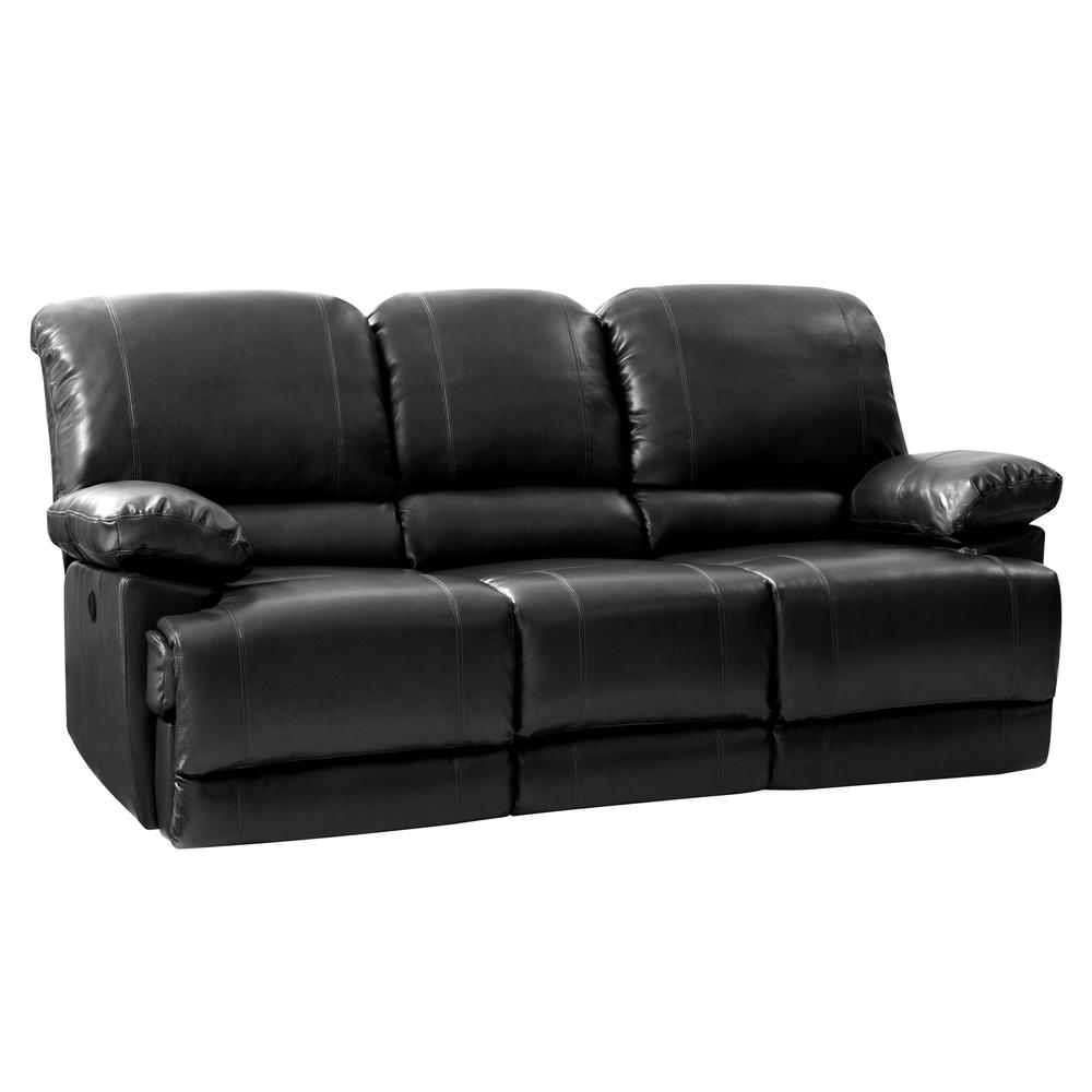 CorLiving  Plush Power Reclining Black Bonded Leather Sofa with Fold-Down Console and Cupholders with USB Port