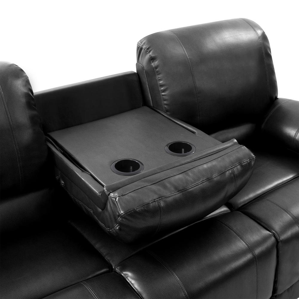 CorLiving  Plush Power Reclining Black Bonded Leather Sofa with Fold-Down Console and Cupholders with USB Port