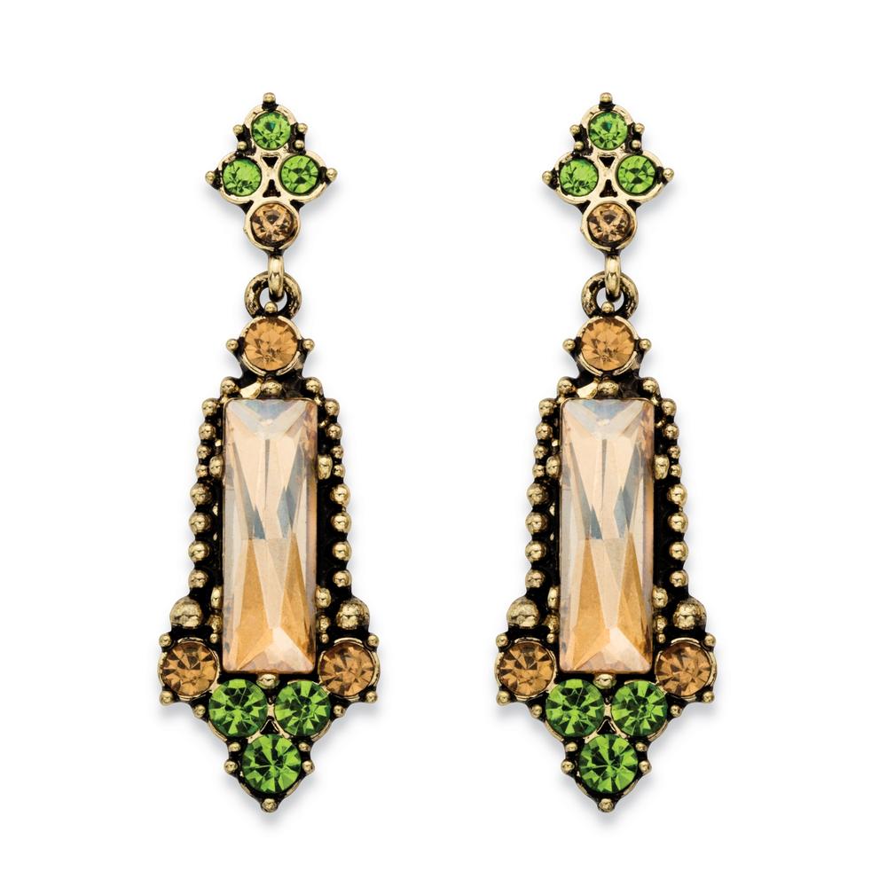 PalmBeach Jewelry Baguette-Cut Champagne and Round Green Faceted Simulated Crystal Vintage-Style Drop Earrings in Antiqued Gold Tone 2"