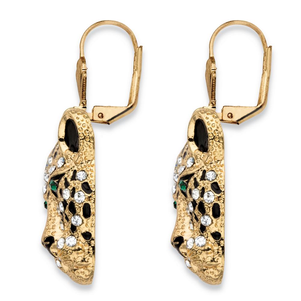 PalmBeach Jewelry White Crystal Leopard Face Drop Earrings with Green Crystal Accents in Gold Tone