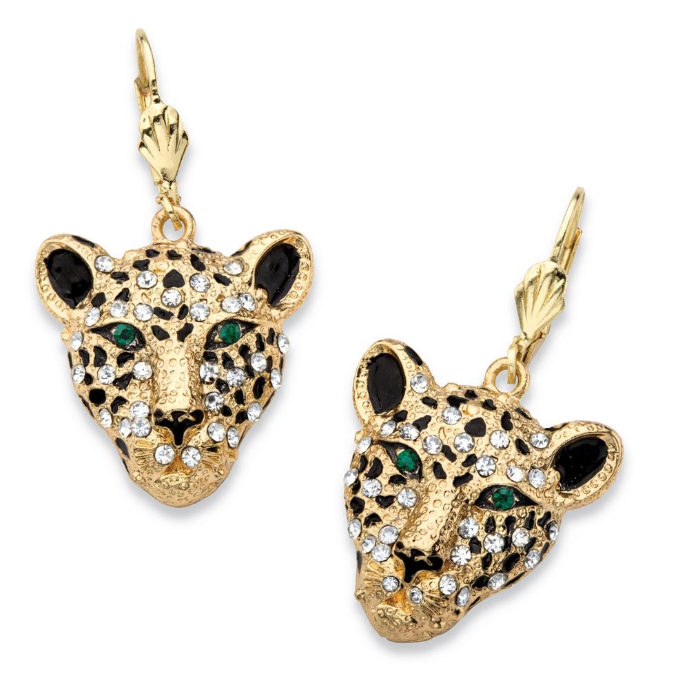 PalmBeach Jewelry White Crystal Leopard Face Drop Earrings with Green Crystal Accents in Gold Tone