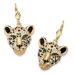 PalmBeach Jewelry White Crystal Leopard Face Drop Earrings with Green Crystal Accents in Goldtone